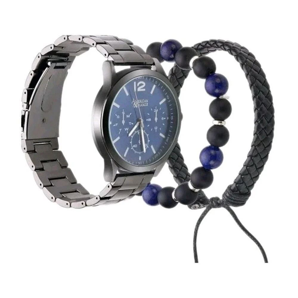 American Exchange Men's Gunmetal Tone Chronograph Watch & Stackable Bracelet Set